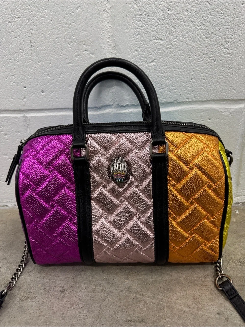 Kurt Geiger Metallic Quilted Satchel in Pink, Rose, Orange